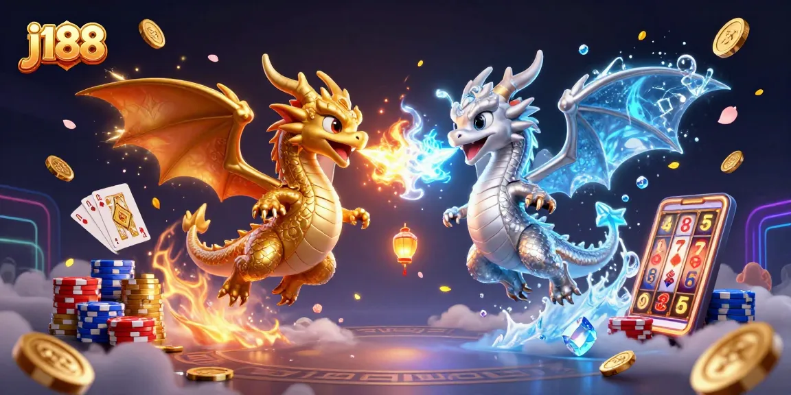 Experience the thrills of j188 casino with twin dragons battling as coins and cards scatter around.