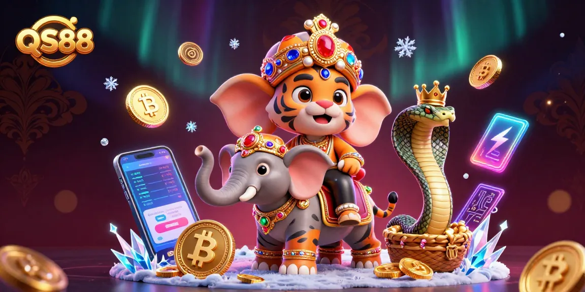 Join the thrilling QS88 gaming experience with a colorful cartoon scene of a tiger and majestic elephant in a vibrant casino atmosphere.