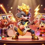 Experience the excitement of 98WIN as the rock star wolf shreds on stage amidst thrilling slot game elements