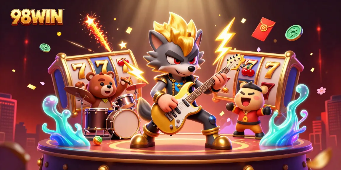 Experience the excitement of 98WIN as the rock star wolf shreds on stage amidst thrilling slot game elements