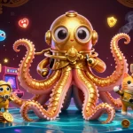 Engage in thrilling gameplay at red88 with a colossal kraken and diving cat in a colorful casino scene.