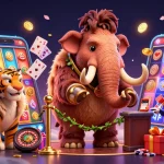Place your bets with kp88's vibrant gaming scene featuring a woolly mammoth bouncer and exciting casino elements.
