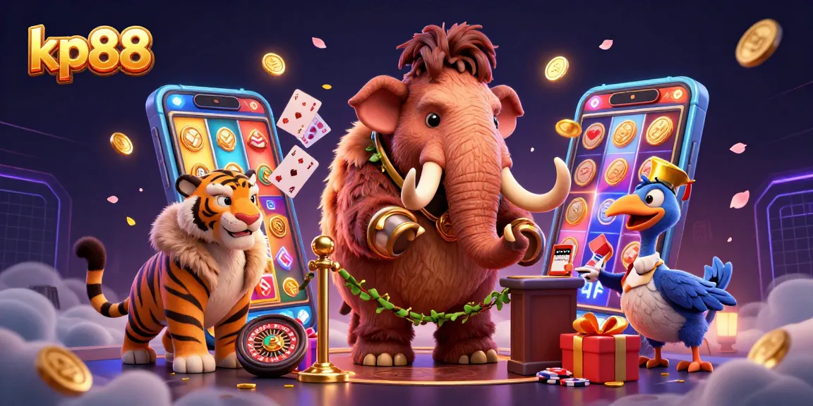Place your bets with kp88's vibrant gaming scene featuring a woolly mammoth bouncer and exciting casino elements.