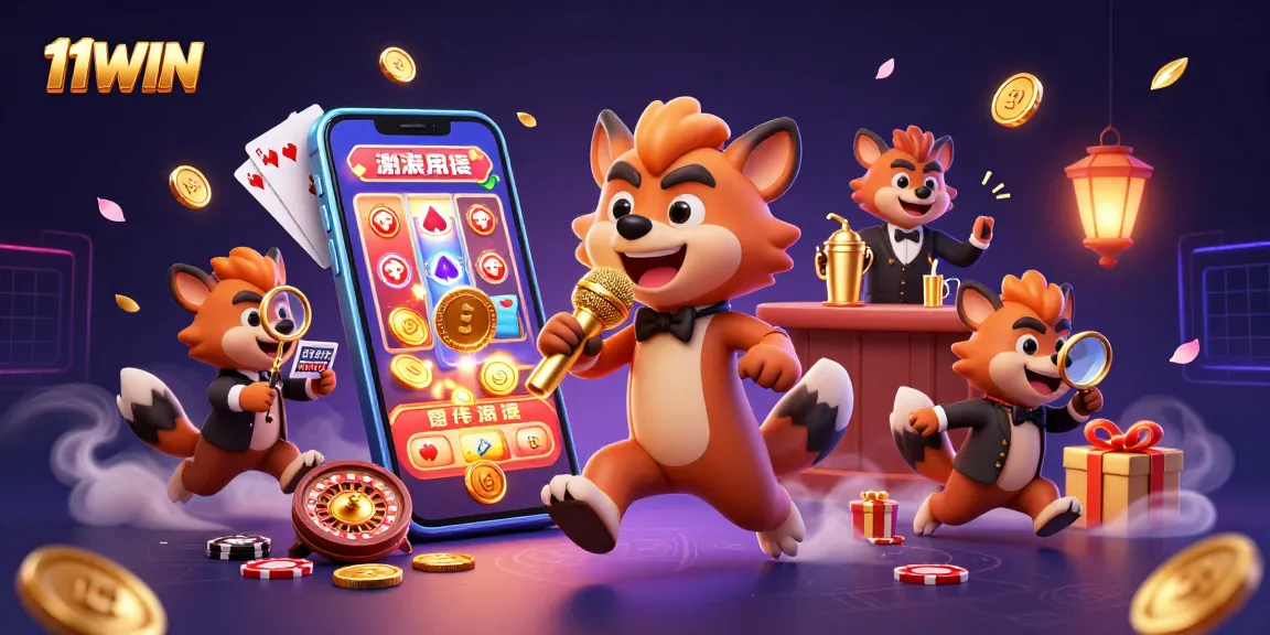 Experience the vibrant excitement of 11WIN in a packed comedy casino scene with lively hyenas.