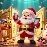 Engage with kuwin as Santa Claus hits the jackpot, surrounded by riches and casino excitement.