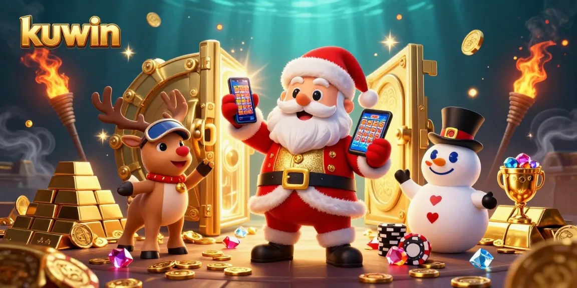 Engage with kuwin as Santa Claus hits the jackpot, surrounded by riches and casino excitement.