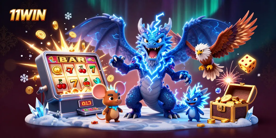 Win big with the electric 11WIN slot jackpot explosion filled with gold and dynamic casino elements.