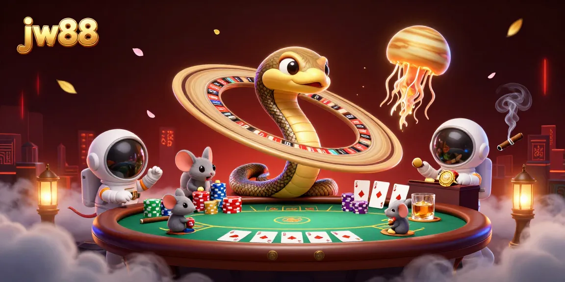 Experience the thrill of jw88 with astronauts betting on a cosmic roulette wheel scene.