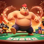 Iretimn showcases a vibrant poker scene with a sumo wrestler rooster, samurai cricket, and tanuki announcer.