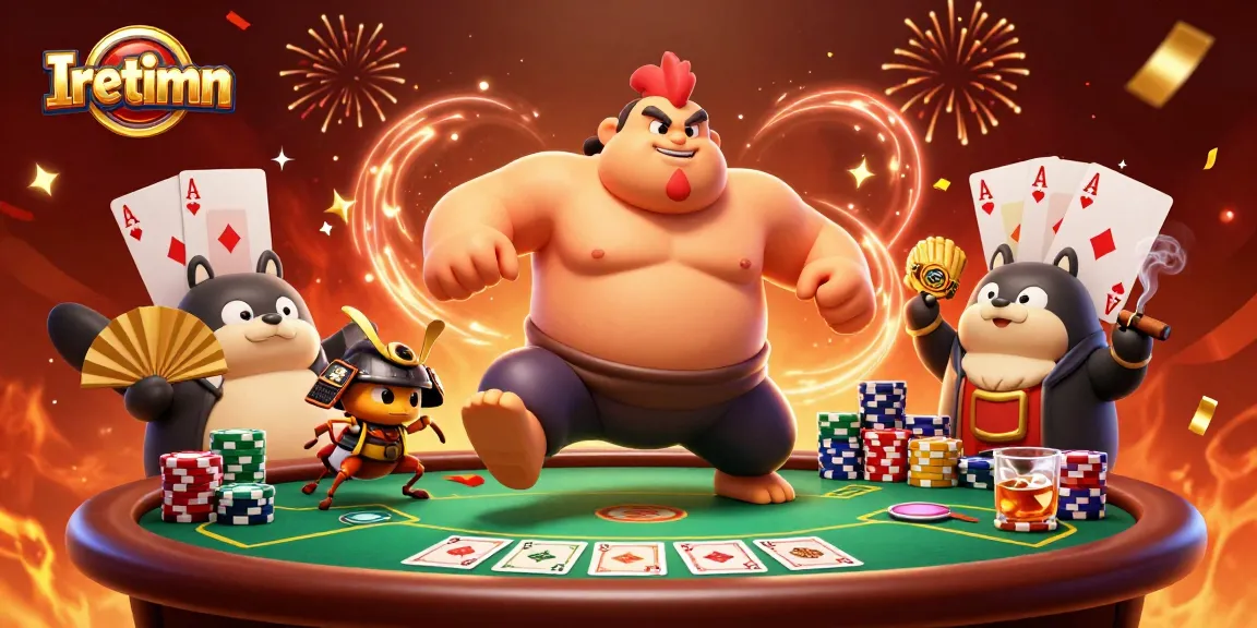 Iretimn showcases a vibrant poker scene with a sumo wrestler rooster, samurai cricket, and tanuki announcer.