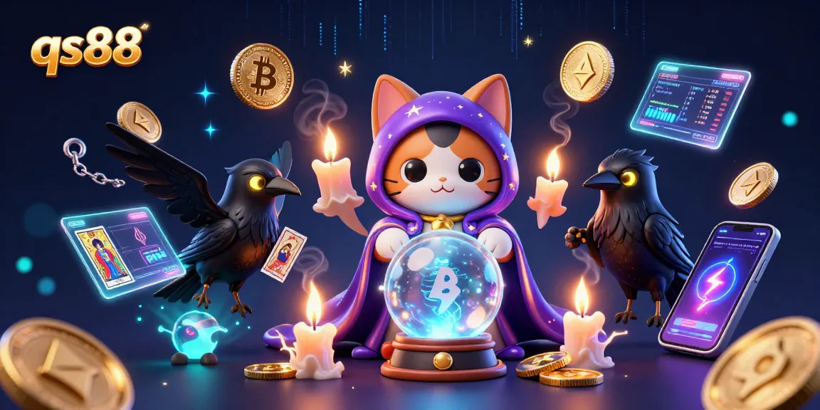 Engage with qs88 in this vibrant digital casino scene featuring mystical characters and crypto elements.