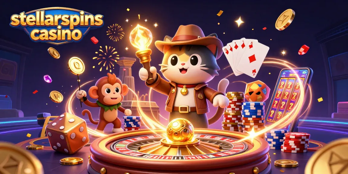 Win big at stellarspins casino with exciting slots and vibrant game elements in this dynamic illustration.