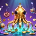 11WIN casino scene featuring a golden kraken submarine surrounded by slot games and poker elements