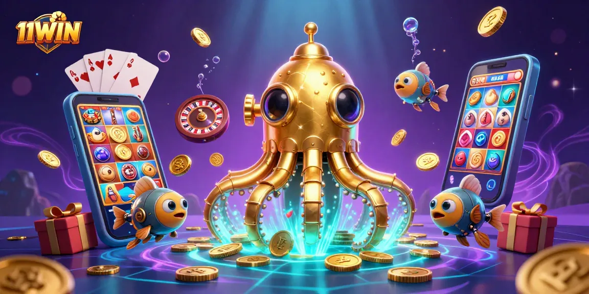 11WIN casino scene featuring a golden kraken submarine surrounded by slot games and poker elements